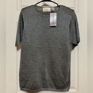 NWT Vtg NINA AUSTIN Women silver metallic Blouse Crew Neck Short Sleeve Sz S